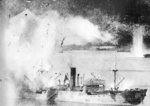 Japanese freighter exploding after being hit by a bomb, Rabaul, New Britain, 2 Nov 1943