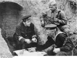 A Russian soldier, sailor, and a political officer in Stalingrad, Russia, 23 Sep 1943