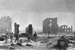 Soviet troops patrolling the ruins of Stalingrad, Russia, 2 Feb 1943