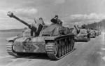 Finnish StuG III assault guns on parade on the occasion of the birthday of Carl Gustaf Emil Mannerheim, Enso, Finland (now Svetogorsk, Russia), 4 Jun 1944