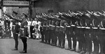 Hitler Youth members having just disembarked from passenger ship Gneisenau at Yokohama, Japan, 16 Aug 1938 at about 1300 hours; in this photo they had just greeted their hosts with 