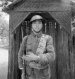 A Chinese sentry at the Pihu Military Training Center, Fujian Province, China, 1944