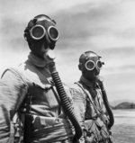 Two Chinese soldiers wearing Belgian-made AG20 gas masks at the Pihu Military Training Center, Fujian Province, China, 1944