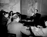 African-American Truman K. Gibson, Jr., Civilian Aide to the US Secretary of War, at a press conference in Washington DC, United States following his return from Europe, 9 Apr 1945