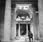 Graffiti left by Russian soldiers covered the pillars inside the ruins of the German Reichstag building in Berlin, Germany, 3 Jul 1945