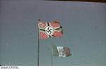 German and Italian flags flying at the German embassy in Rome, Italy, circa Jun 1943