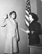 Harriet Ida Pickens being sworn in as WAVES apprentice seamen by Lieutenant Rosamond D. Selle, New York, New York, United States, Nov 1944