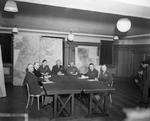 Bradley, Ramsay, Tedder, Eisenhower, Montgomery, Leigh-Mallory, and Smith at a SHAEF conference in London, England, United Kingdom, 1 Feb 1944, photo 2 of 7