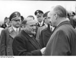 Joachim von Ribbentrop and Adolf Wagner bidding farewell to French Prime Minister Daladier after Munich Conference, Germany, 30 Sep 1938