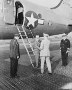 General Dwight Eisenhower greeting US President Harry Truman, Frankfurt, Germany, 26 Jul 1945