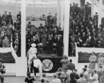 A cowboy jokingly lassoed US President Dwight Eisenhower during the inauguration ceremony, Washington DC, United States, 20 Jan 1953; note Richard Nixon and Mamie Eisenhower nearby