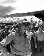 William Halsey with US Marines, sailors, and soldiers, Emirau Island, Bismarck Archipelago, 25 May 1944