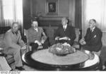 Mussolini, Hitler, and Chamberlain at the Munich Conference, Germany, 29 Sep 1938; the man between Hitler and Chamberlain was Hitler