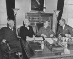 Retired Admiral Harry Yarnell (left), Admiral Harry Stark (center left), Secretary of the Navy Frank Knox (center right), and Admiral James Richardson (right) in Knox