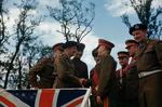 Lewis Lyne, Bernard Montgomery, Georgy Zhukov, Vasily Sokolovsky, and Konstantin Rokossovsky on the parade reviewing stand at Brandenburg Gate, Berlin, Germany, 12 Jul 1945