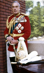 Earl Louis Mountbatten in the uniform of a colonel of the British Household Cavalry, at Knightsbridge Barracks, London, England, United Kingdom, 1973