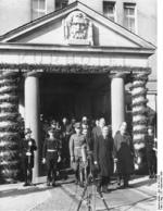 Neville Chamberlain and Joachim von Ribbentrop leaving Hotel Petersberg, Bonn, Germany, 25 Sep 1938