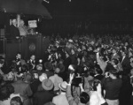 Truman holding a copy of Chicago Tribune that mistakenly anticipated his defeat in the 1948 election by Thomas Dewey, Union Station, St. Louis, Missouri, United States, 3 Nov 1948, photo 2 of 2