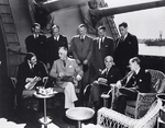 John Winant, Franklin Roosevelt, Edward Stettinius, and Harry Hopkins aboard USS Quincy, Great Bitter Lake, Egypt, 14 Feb 1945