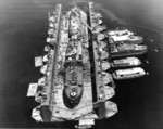 USS ABSD-1 with USS Antelope and USS LST-120 in the dock, Espiritu Santo, New Hebrides, 8 Jan 1945