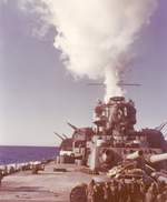 View of USS Alabama from the fantail during her shakedown period, Casco Bay, Maine, United States, Dec 1942