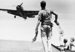 TBM aircraft of US Navy squadron VC-13 landing aboard USS Anzio, Pacific Ocean, 20 May 1945