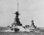 HMS Barham, HMS Malaya, and HMS Argus in exercise, western Mediterranean Sea, circa late 1920s, photo 1 of 2; photograph taken from HMS Rodney