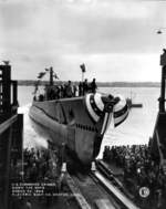 Launching of submarine Caiman, Electric Boat Company, Groton, Connecticut, United States, 30 Mar 1944