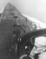 Bow of USS Cero seen from the conning tower, New London, Connecticut, United States, Aug 1943, photo 2 of 4