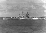 USS Columbia in Surigao Strait, Philippine Islands, 3 Jan 1945; note Measure 33 Design 1d camouflage; photograph taken from USS Makin Island