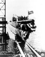 Launching of USS Corvina at the Electric Boat Company yard, Groton, Connecticut, United States, 9 Mar 1943