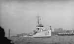 USS Ellet (foreground) and USS Benham (background) anchored in the Hudson River during the Presidential Naval Review, New York, United States, 27 Apr 1939; note George Washington Bridge in background