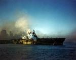 USS Enterprise being pushed by tug boats, New York, New York, United States, 17 Oct 1945