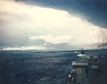 HMAS Australia or HMAS Shropshire (left most), HMAS Hobart (next astern), USS New Orleans, a Brooklyn-class light cruiser, and another Brooklyn-class light cruiser (foreground) entering Subic Bay, Philippines after exercises, circa Aug 1945, photo 1 of 2