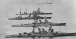 Battleships Nagato, Kirishima, Ise, and Hyuga and a Sendai-class cruiser (foreground to background), circa early 1934