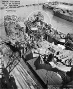 Indianapolis at Mare Island Navy Yard, California, view of her after superstructure and hull from the starboard side, heavy cruiser Minneapolis in background, 1 May 1943