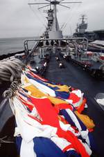 Decommissioning of USS Missouri at Naval Air Station Norfolk, Virginia, United States, 26 Oct 1990; note USS Theodore Roosevelt in background