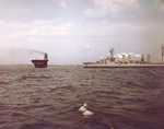 USS Franklin sailing past USS Marblehead in New York Harbor, New York, United States, 28 Apr 1945