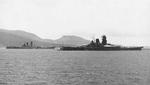 Battleships Musashi (foreground) and Yamato (background) at Truk, Caroline Islands, Feb-May 1943