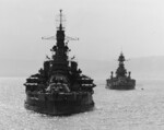 USS Nevada (foreground) and USS Texas (background) in the inlet Belfast Lough, Northern Ireland, United Kingdom, 14 May 1944