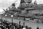 US President Ronald Reagan (extreme right of photo) speaking at USS New Jersey