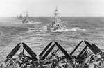 US Navy Task Group 38.3 entering Ulithi anchorage in a column following strikes in Philippine Islands, 24 Dec 1944, photo 6 of 7