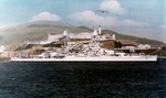 USS Oklahoma passing Alcatraz island, San Francisco Bay, California, United States, 1930s