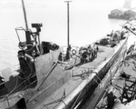 USS Permit at Mare Island Navy Yard, California, United States, 12 Jan 1943; note antennae for SJ surface search radar and D aircraft detection radar