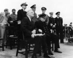 Roosevelt and Churchill at the Atlantic Charter Conference, Placentia Bay, Newfoundland, 10-12 Aug 1941, photo 1 of 2; Hopkins, Harriman, King, Marshall, Dill, Stark, and Pound behind them