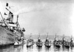 Submarine tender USS Camden with submarines R-1 and other R-class submarines, New York Harbor, New York, United States, early 1920s, photo 2 of 3