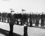 Lieutenant Commander George Kittredge being relieved by the new commanding officer of USS Sterlet, Mare Island Navy Yard, Vallejo, California, United States, 1 Dec 1953