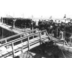 Commissioning ceremony of USS Trepang, Mare Island Naval Shipyard, California, United States, 22 May 1944; Commander Davenport at center