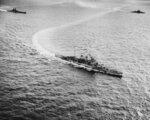 British battlecruiser HMS Renown (center of photograph), British battleship HMS Valiant (right), and French battleship Richelieu (left) in the Indian Ocean, 12 May 1944; photographed from a USS Saratoga aircraft