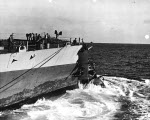 Battleship Washington underway with a collapsed bow after colliding with battleship Indiana, 1 Feb 1944